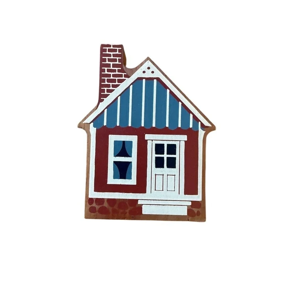The Cat's Meow Village House Figurine Red Cottage Blue Striped Roof 4.25in folk